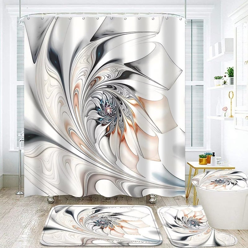 DDQQ 4Pcs Abstract Line Pattern Shower Curtain Sets, Bathroom Sets with Shower Curtain, Toilet Lid Rug, Bath Mat and Contour Mat, Shower Curtain with 12 Hooks for Bathroom Set Decor 72 x 72 Inch - Image 2